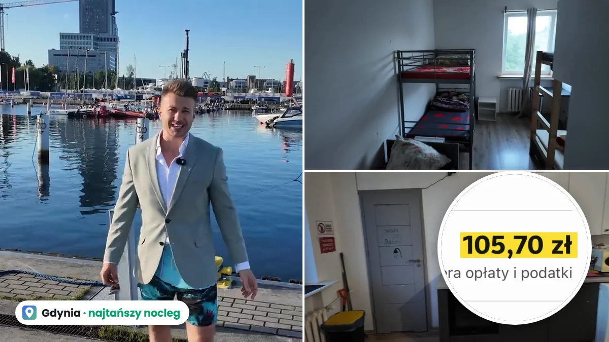 Jakub Kasiłowski w marinie w Gdyni, pokój z łóżkiem piętrowym w hostelu i wspólna kuchnia, w kółku cena 105,70 zł z rezerwacji na Bookingu