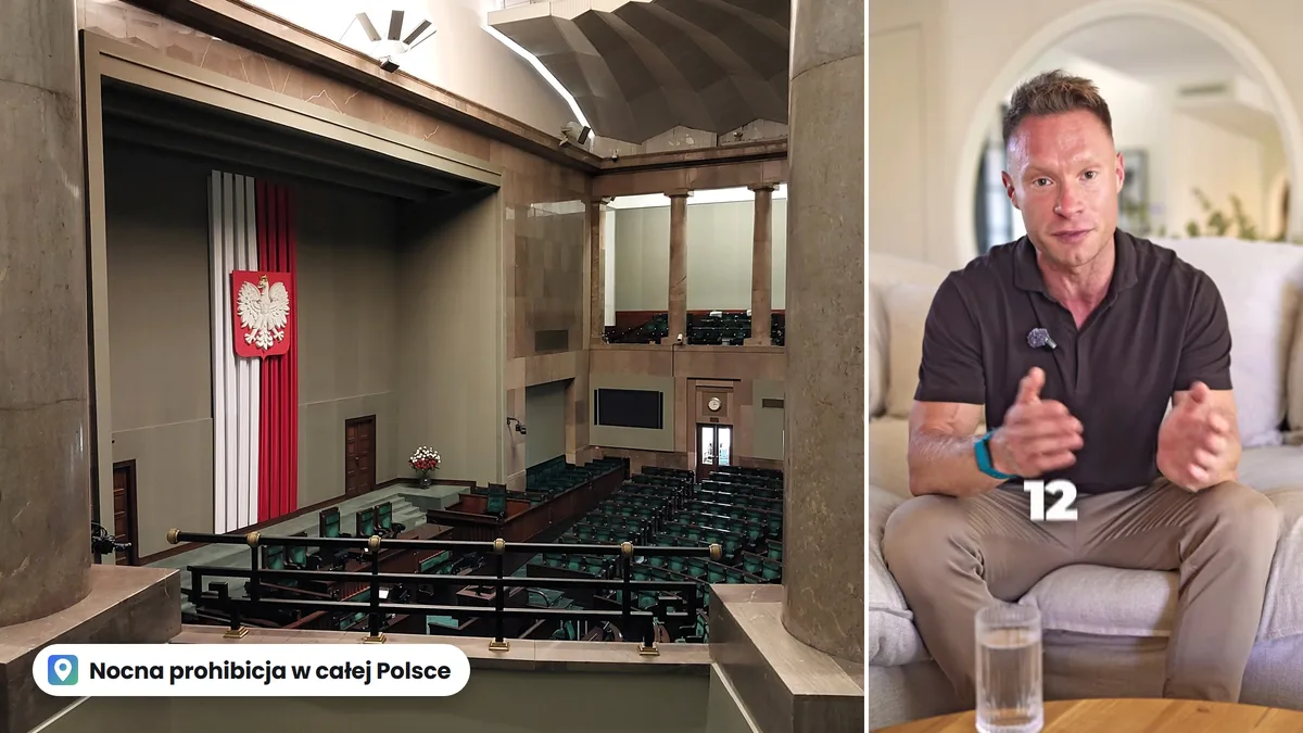 Sala posiedzeń Sejmu z orłem i flagą obok kadru z filmu dietetyka Michała Wrzoska