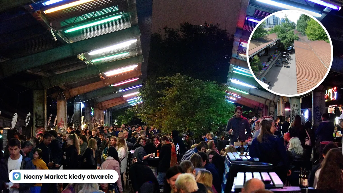 Tłum przy stołach pod neonowymi lampami na dawnych peronach dworca Warszawa Główna podczas Nocnego Marketu, w kółku puste perony za dnia