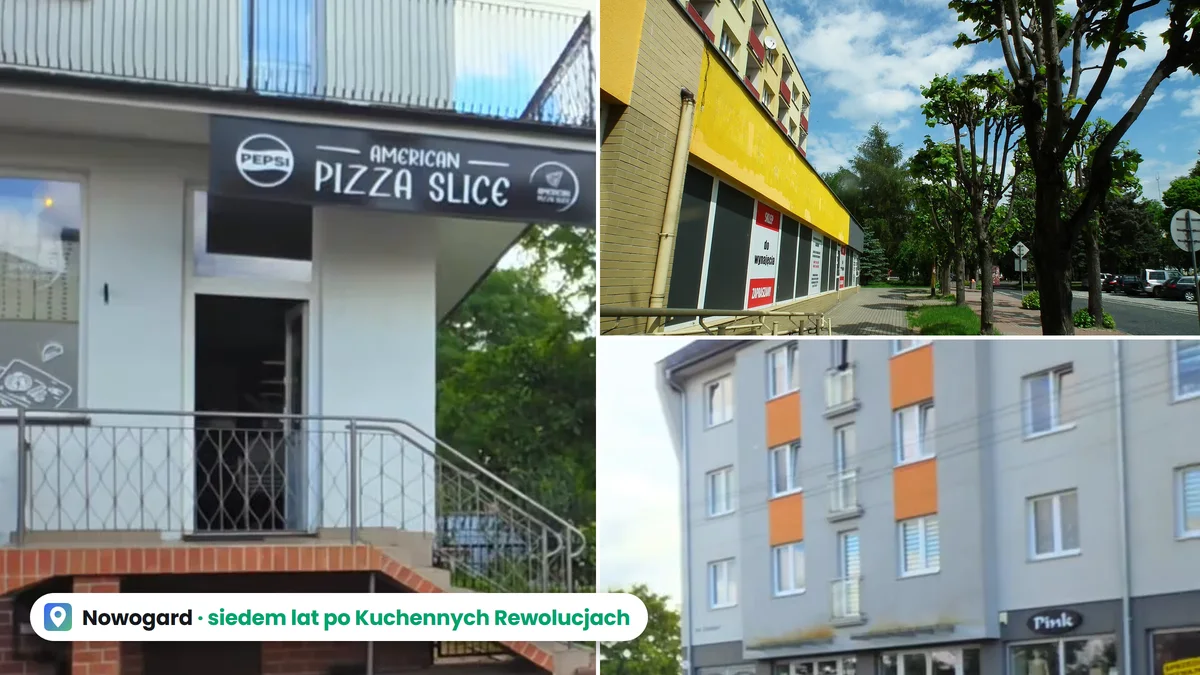 Po lewej wejście do pizzerii American Pizza Slice przy Pileckiego 1 w Nowogardzie, dawnego Bistro Gniecione, po prawej rynek w Nowogardzie i blok naprzeciwko lokalu
