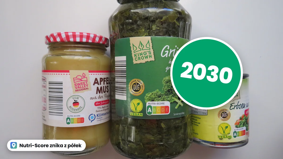 Słoiki i puszka z produktami oznaczonymi etykietą Nutri-Score, na zdjęciu zielone koło z napisem 2030