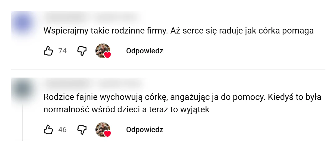Zrzut ekranu dwóch komentarzy pod odcinkiem Oddasz Fartucha o rodzinnej firmie i córce, która pomaga rodzicom, nicki zamazane