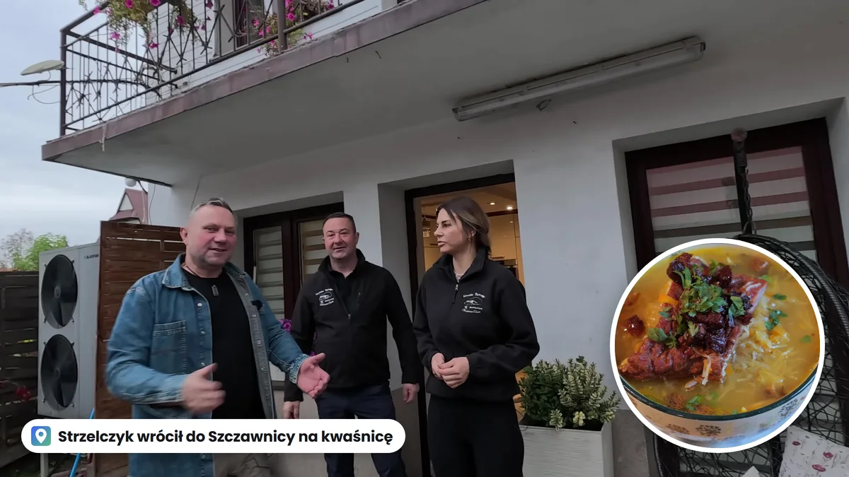 Tomasz Strzelczyk z gospodarzami Bobcikowej Chaty przed lokalem w Szczawnicy, w kółku miska kwaśnicy