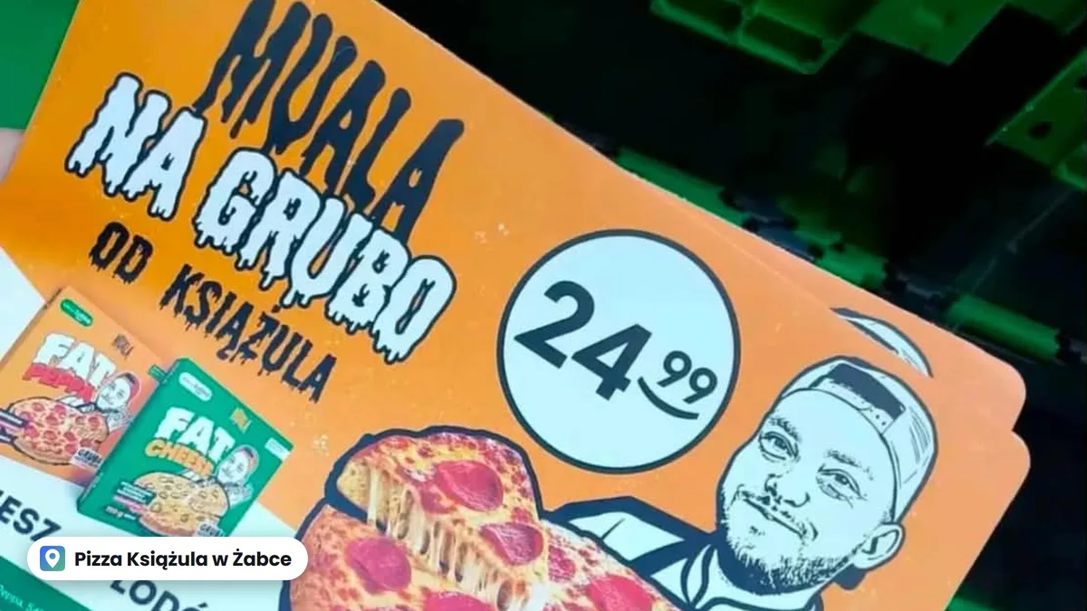 Ulotka z Żabki: Muala na grubo od Książula, pizza za 24,99 zł, obok opakowania Fat Peppa i Fat Cheese