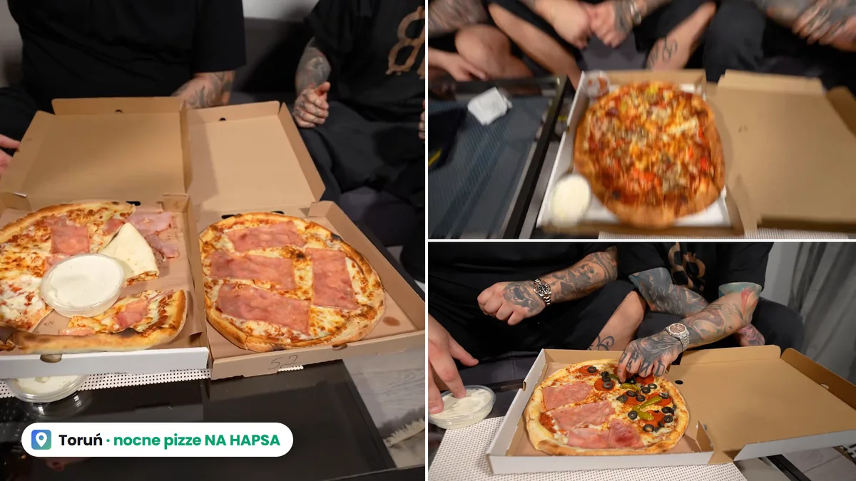 Po lewej dwie identyczne pizze z dwóch różnych pizzerii otwarte obok siebie na stole, po prawej pizza z Montenegro z pepperoni i szynką oraz cienka pizza z Uncle Sam's z oliwkami i papryczkami