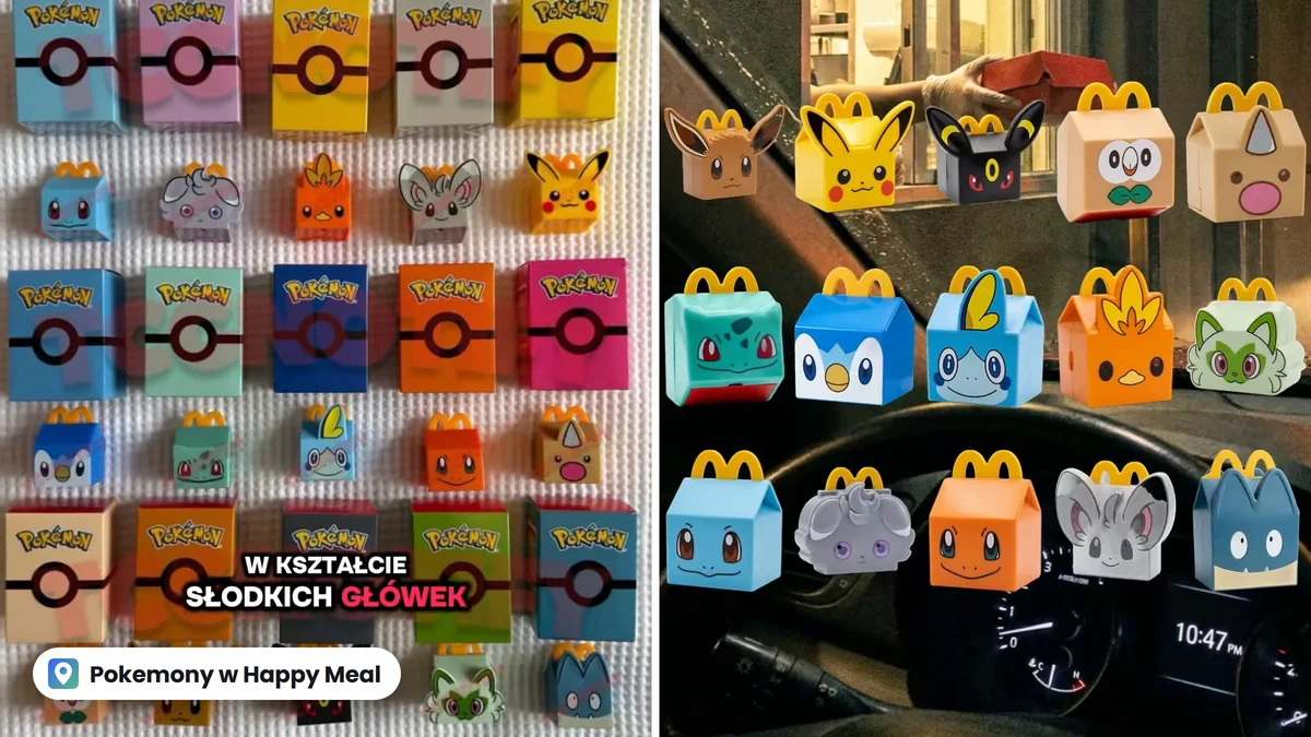Dwa kadry z filmów na TikToku: z lewej zabawki Pokemon w kształcie pudełek Happy Meal obok opakowań, z prawej 15 takich zabawek, między innymi Pikachu, Eevee i Bulbasaur