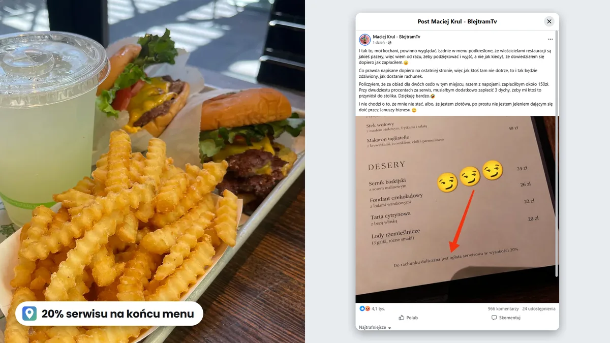 Po lewej frytki, burgery i lemoniada na tacy w restauracji, po prawej post Macieja Krula na Facebooku ze zdjęciem menu z dopiskiem o 20 procentach serwisu