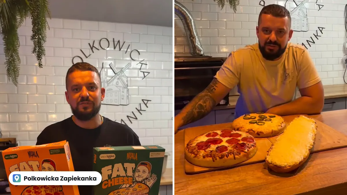Właściciel Polkowickiej Zapiekanki z pudełkami pizzy Fat Peppa i Fat Cheese z Żabki, obok upieczone pizze i jego zapiekanka