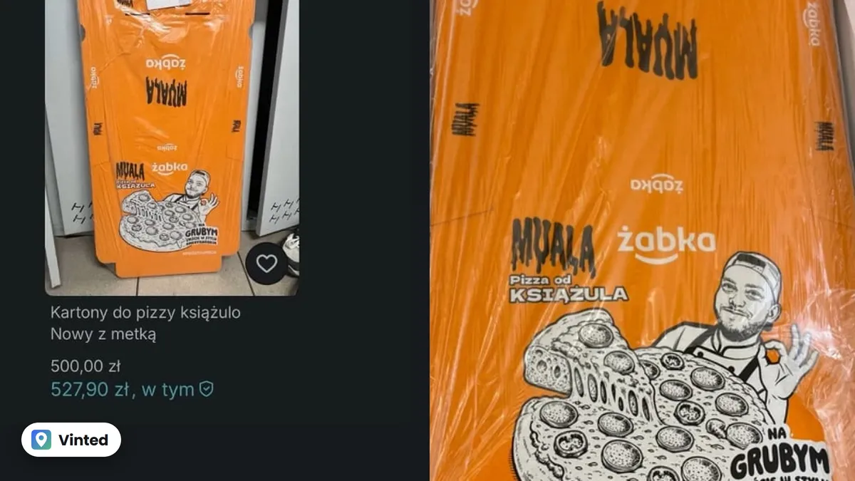 Zrzut relacji Książula z ogłoszeniem kartonów do pizzy za 500 zł i zdjęcie nowego pudełka Pizza od Książula z ogłoszenia na Vinted