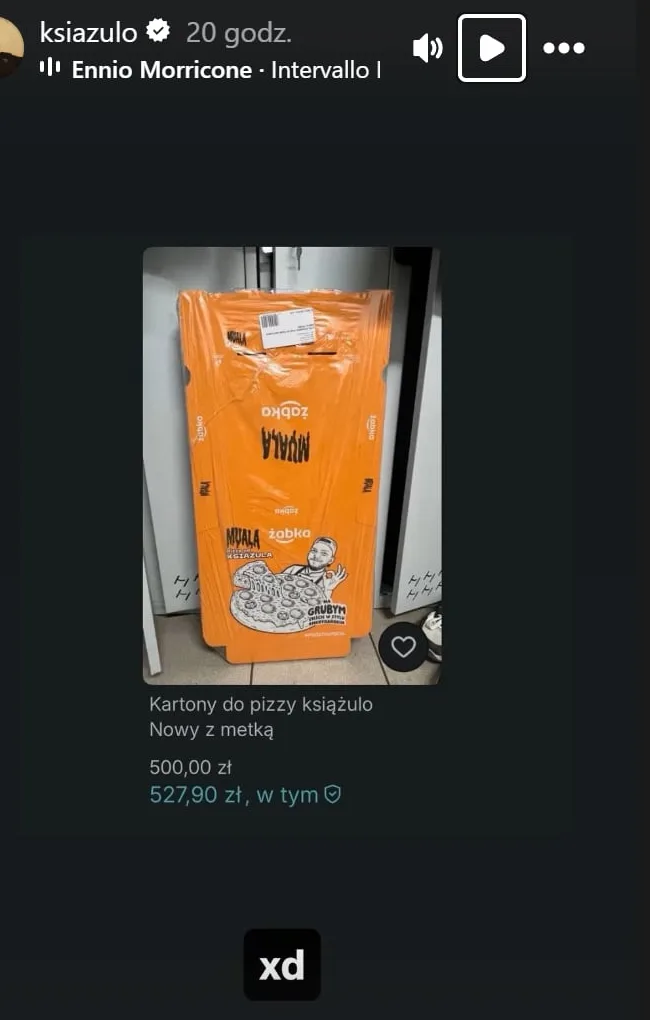Relacja Książula na Instagramie: zrzut ogłoszenia Kartony do pizzy książulo za 500 zł i dopisek xd