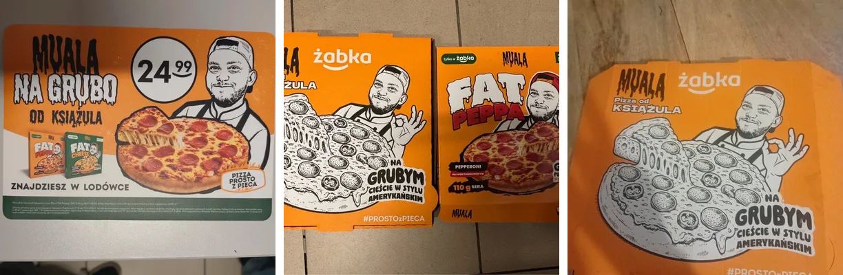 Trzy ogłoszenia z Vinted: plakat reklamowy pizzy Książula za 24,99 zł, pudełko z pieca obok pudełka Fat Peppa i używane pudełko Pizza od Książula