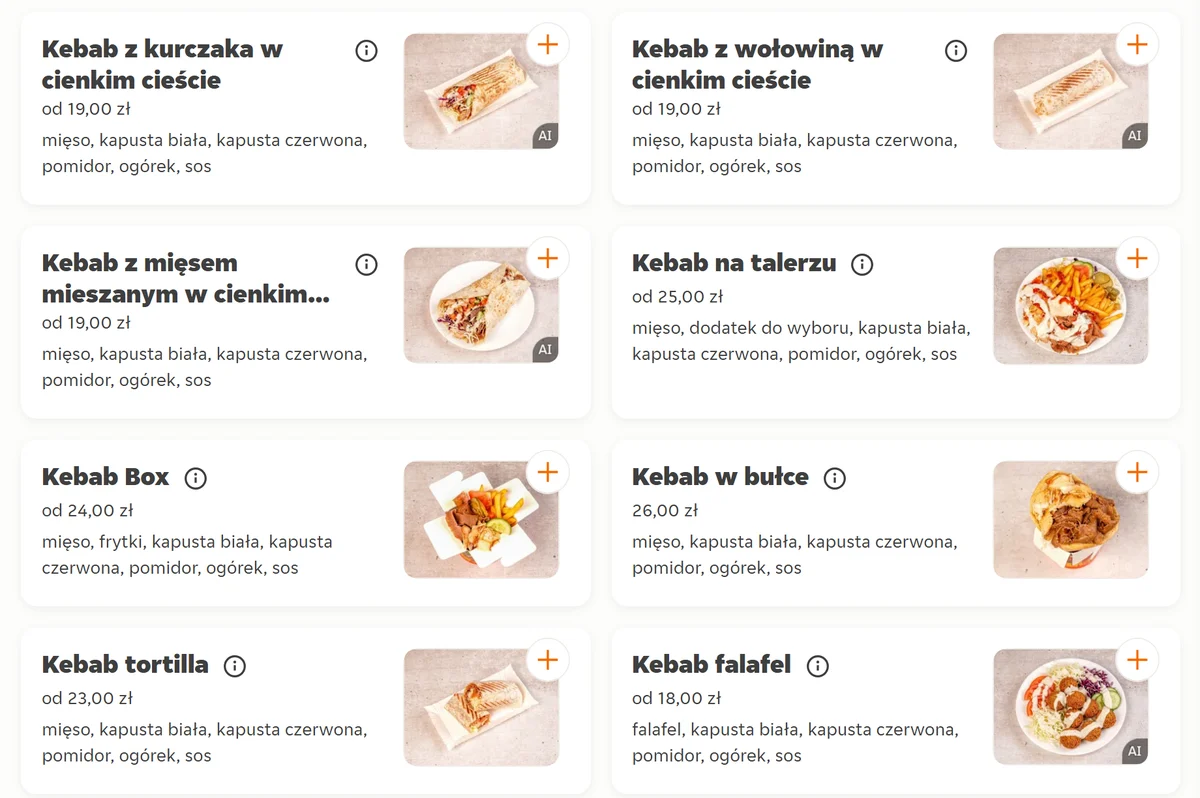 Zrzut menu kebabu w Pyszne.pl, przy części dań znaczek AI w rogu miniatury