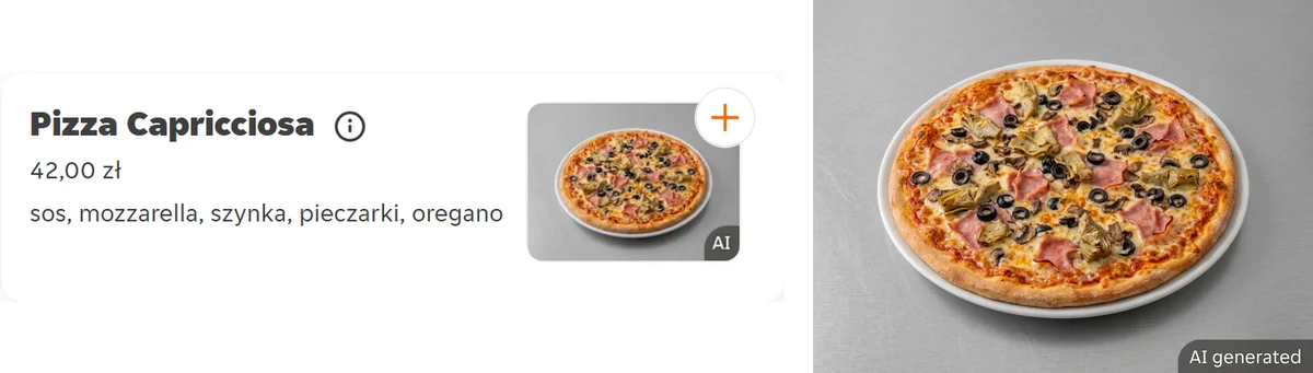 Karta pizzy capricciosa w Pyszne.pl ze składem bez oliwek i ogólne zdjęcie AI tej pizzy z oliwkami i karczochami