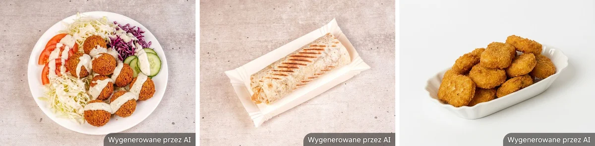 Trzy zdjęcia dań z Pyszne.pl z napisem Wygenerowane przez AI: falafel, kebab w cienkim cieście i nuggetsy