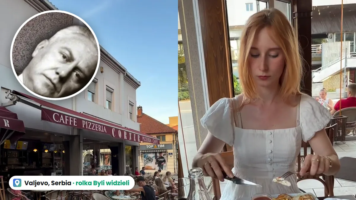 Autorka rolki przy talerzu w kawiarni Corner w Valjevie i fasada lokalu z napisem Caffe Pizzeria Corner, w kółku portret Ludwika Hirszfelda z tabliczki przy wejściu