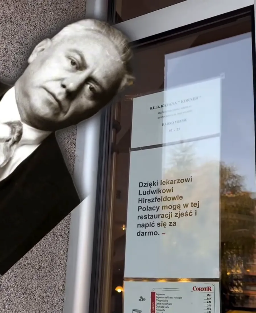 Tabliczka przy wejściu do kawiarni Corner z portretem Ludwika Hirszfelda i informacją po polsku, że Polacy mogą tu zjeść i napić się za darmo