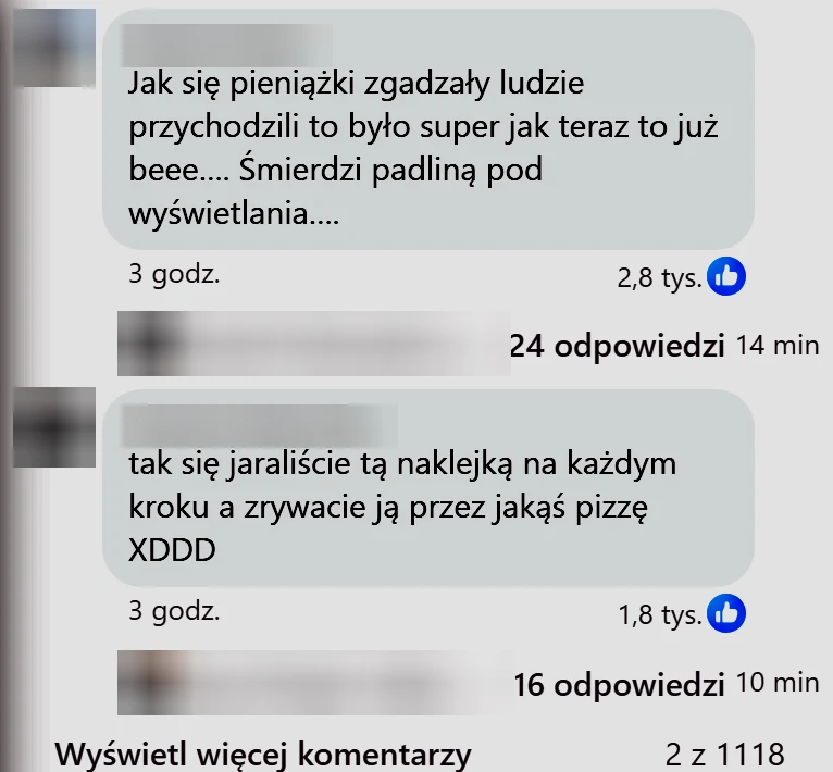 Zrzut dwóch najwyżej ocenianych komentarzy pod rolką Szamki, nazwiska i zdjęcia zamazane