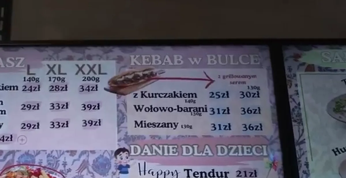 Tablica z cennikiem Tendur Kebab w Lublinie: lawasz, kebab w bułce, kebab box