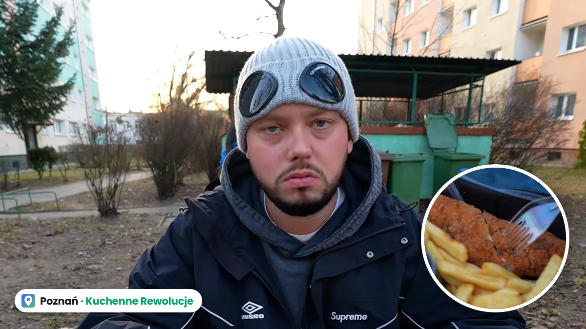 Książulo przy stoliku na poznańskim osiedlu, w kółku de volaille z frytkami z Bistro Bar Tomek po Kuchennych Rewolucjach