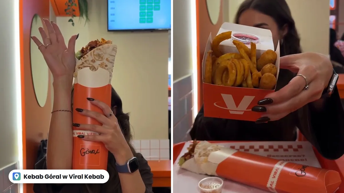 Dwa kadry z rolki: z lewej Kebab Górala uniesiony w dłoni w lokalu Viral, z prawej pudełko zakręconych frytek i paluszków mozzarelli, pod nim kebab na tacy