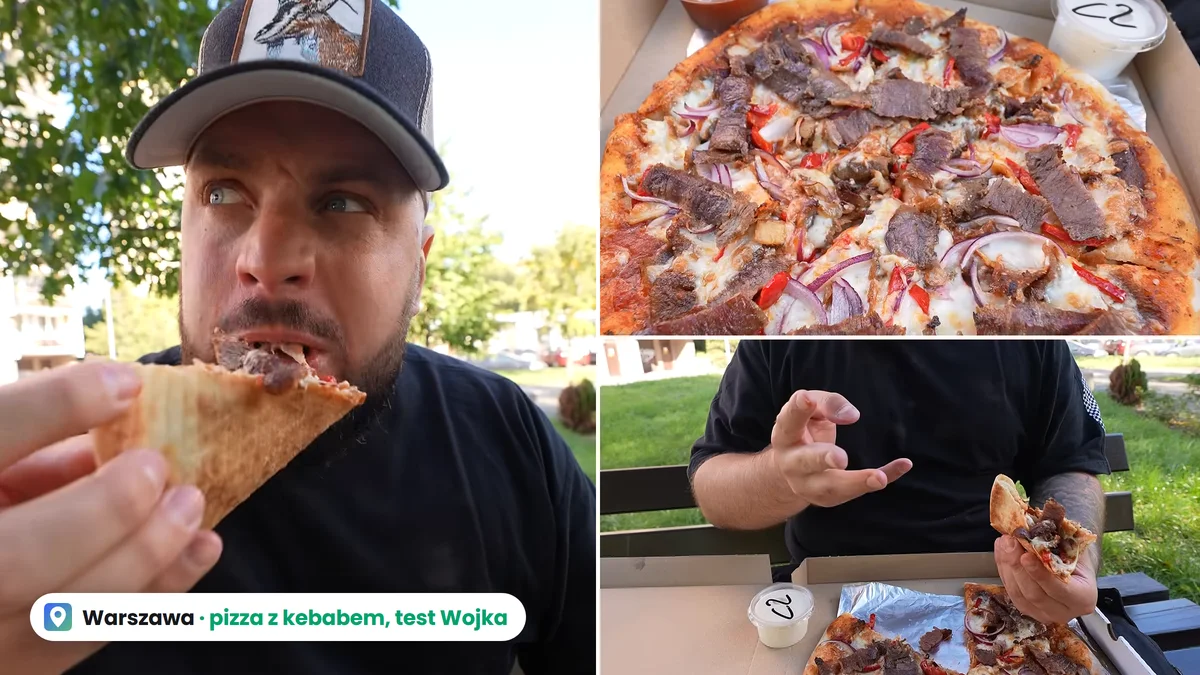 Po lewej Wojek z otwartym pudełkiem pizzy z kebabem, po prawej pizza z kebabem z czerwoną cebulą i papryką oraz trzy sosy z House Kebab and Pizza