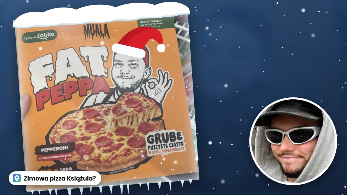 Pudełko pizzy Fat Peppa z Żabki w zimowej przeróbce: śnieg na górze, sople i czapka Mikołaja na rysunku Książula, w kółku Książulo w kapturze i okularach